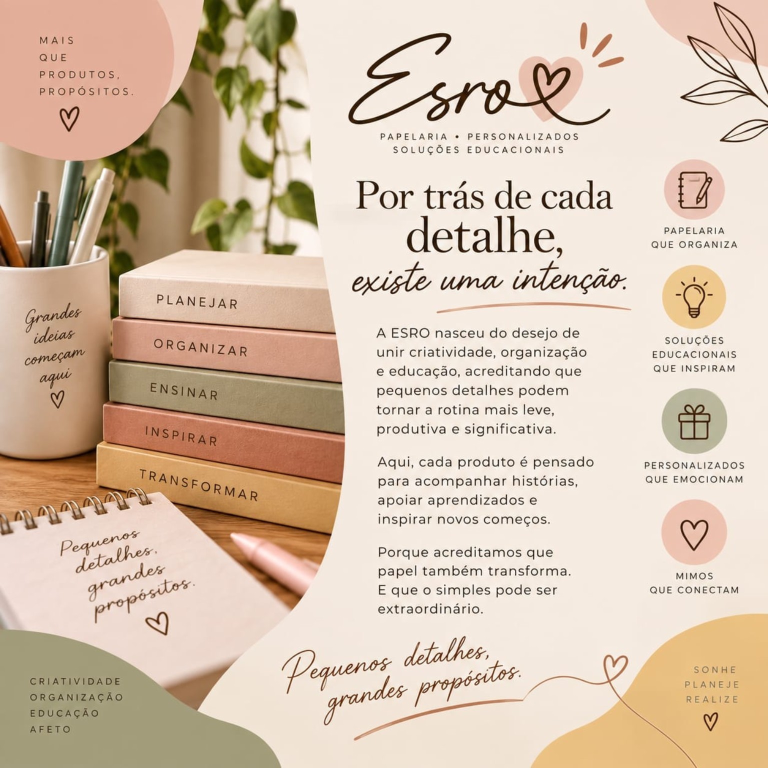 Universo visual da ESRO com papelaria, organização e soluções educacionais